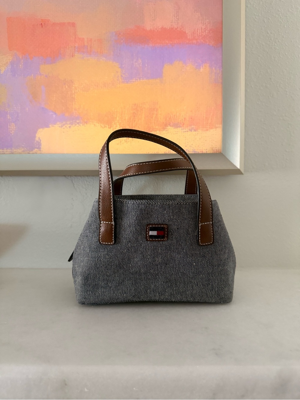 Tommy Hilfiger Gray Canvas Mini Tote with Brown Leather Handles